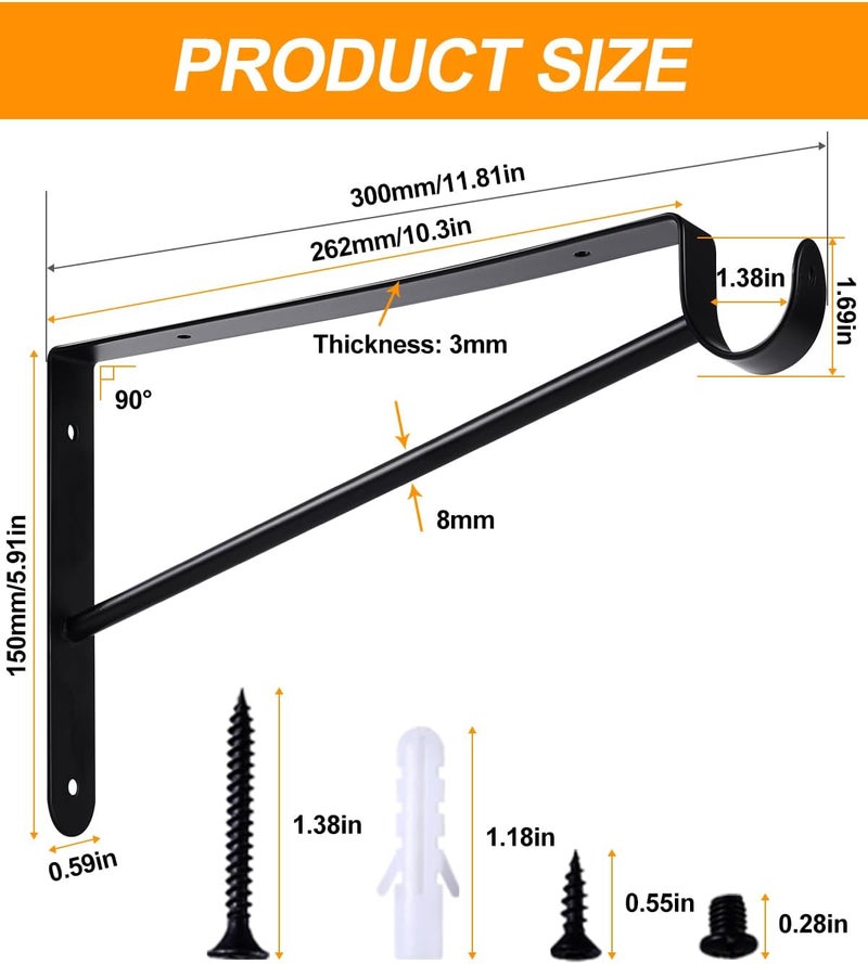 Supforce 6 Pack Closet Rod Bracket Heavy Duty, Wall Mounted Closet Shelf Brackets, Metal Closet Shelf Brackets with Rod Support, Black - Image 3